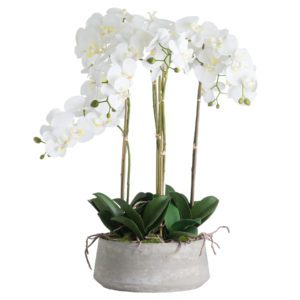 Artificial white orchid arrangement in stone planter